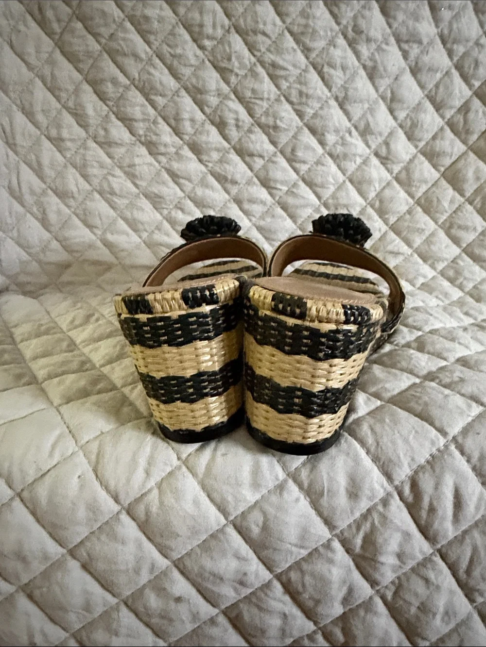 kate spade Black and Natural Striped Wedge Slides with Black Floral Pom